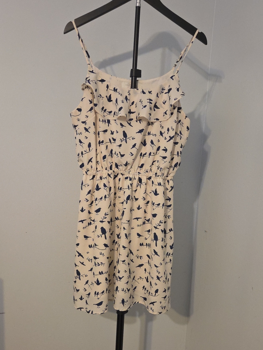 Olive & Oak Ivory Mini Dress with Navy Bird Print